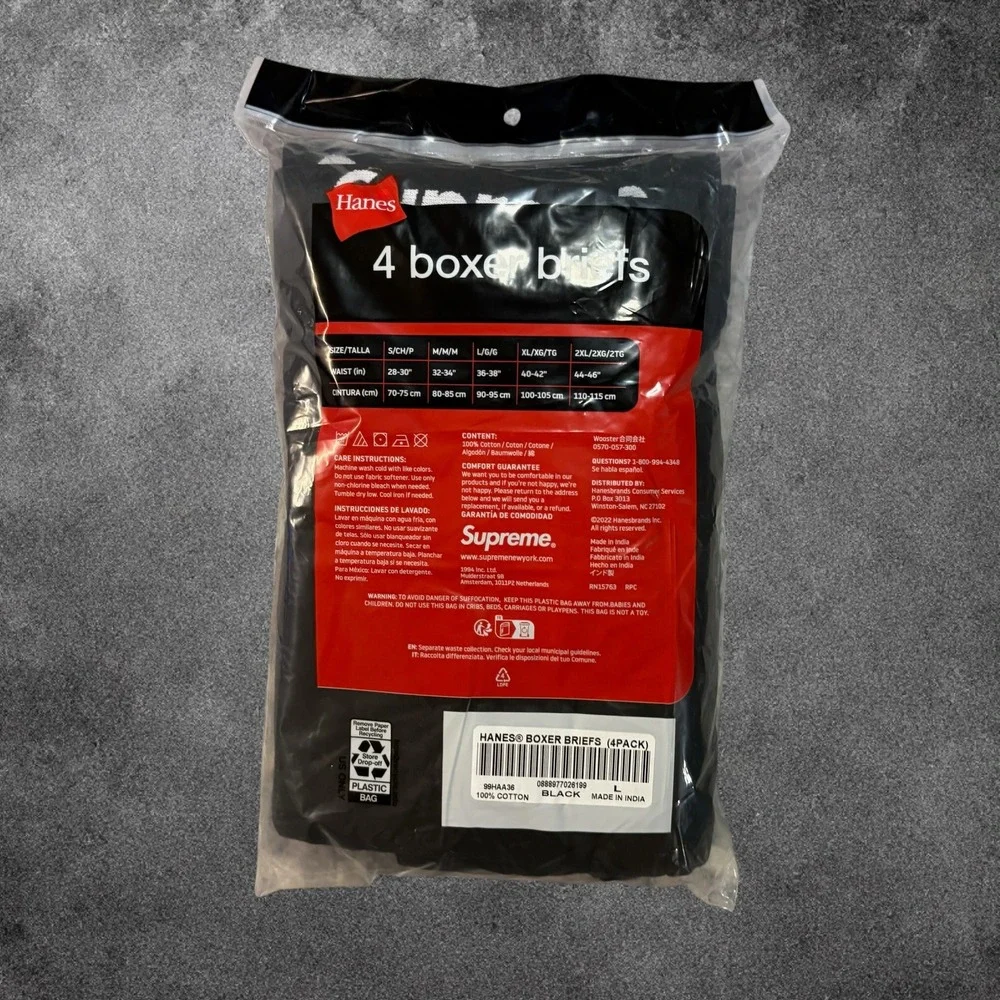 Supreme Hanes Boxer Briefs Black Mens 4 Pack Size Large L 36-38 NWT Streetwear